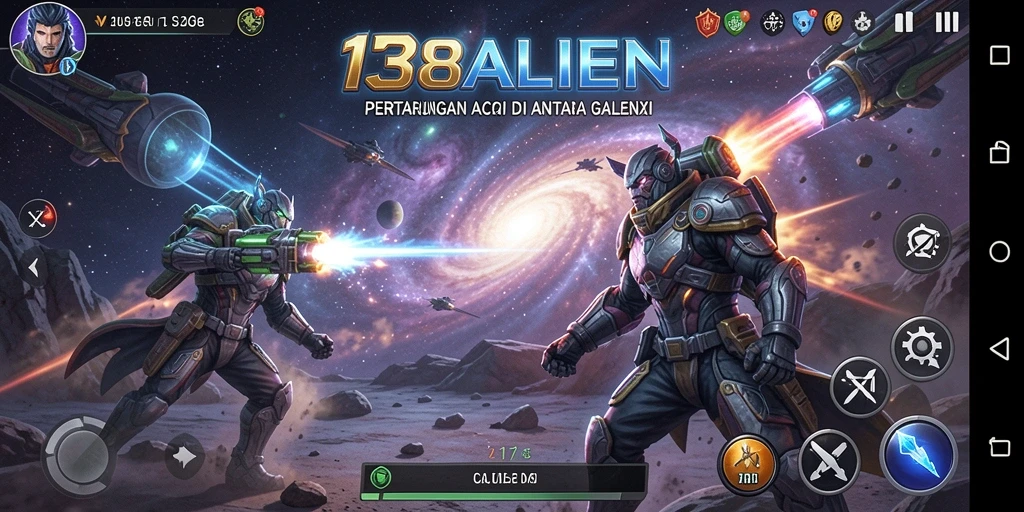 Screenshot antarmuka permainan 138ALIEN menampilkan aksi pertempuran yang mendebarkan.