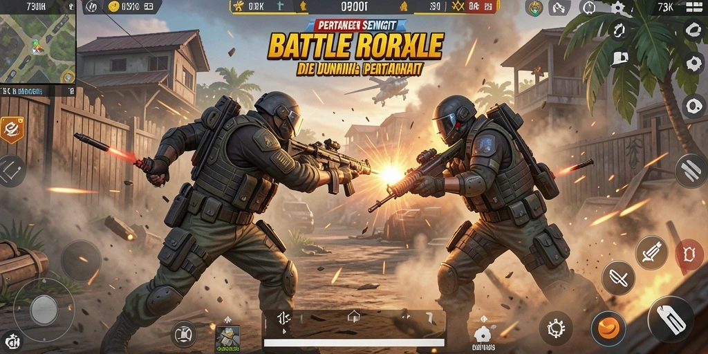 Tampilan gameplay seru dalam 73K dengan aksi battle royale intens.