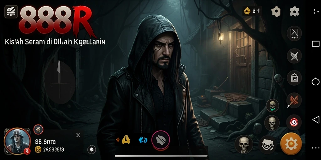 Screenshot 888R menampilkan suasana mencekam dan karakter menakutkan.
