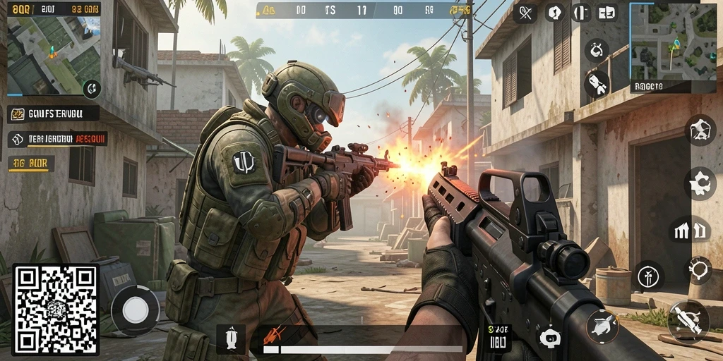 Screenshot utama 8QR menampilkan aksi intens dalam pertempuran FPS.