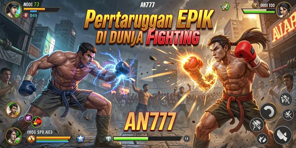 Screenshot AN777 menunjukkan pertarungan mendebarkan antara karakter di arena.