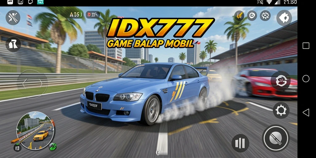 Tangkapan layar gameplay menampilkan aksi balap mobil yang cepat dan mendebarkan.