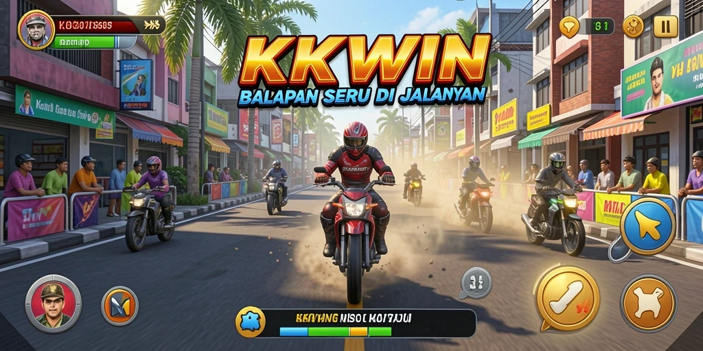 Tampilan gameplay KKWIN yang menegangkan saat balapan di lintasan.