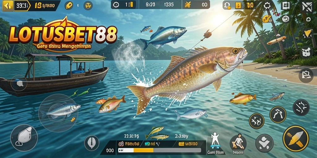 Menampilkan gameplay LOTUSBET88 yang seru dalam menangkap ikan.