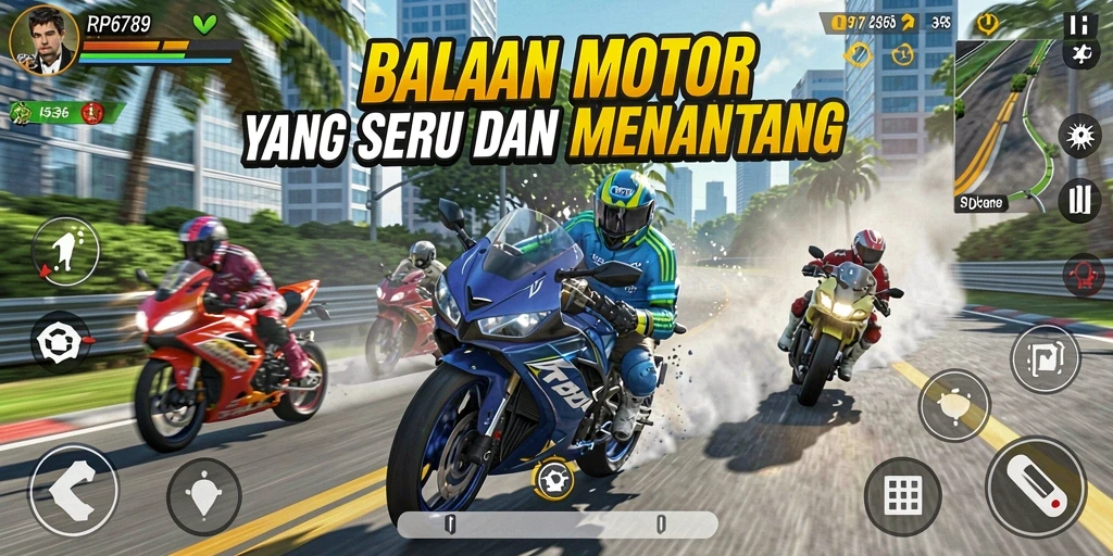 Tampilan gameplay balap motor yang mendebarkan dan realistis.
